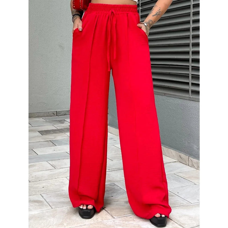 Calça Pantalona Duna -Calças largas femininas, calças largas de cintura alta, tecido leve