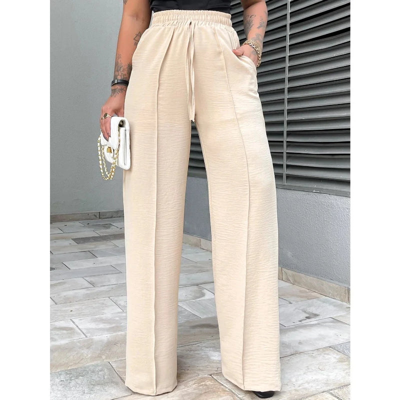 Calça Pantalona Duna -Calças largas femininas, calças largas de cintura alta, tecido leve